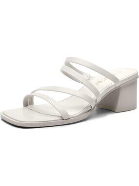 DREAM PAIRS Women's Strappy Heels White Block Open Toe Low Heel Chunky Mules